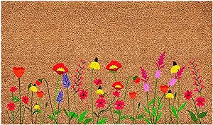 Coir doormat with colorful spring flowers on bottom