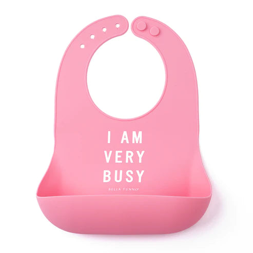 Pink Baby Bib with I am Very Busy stacked in center