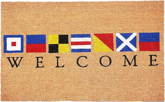 coir doormat with welcome in nautical flags