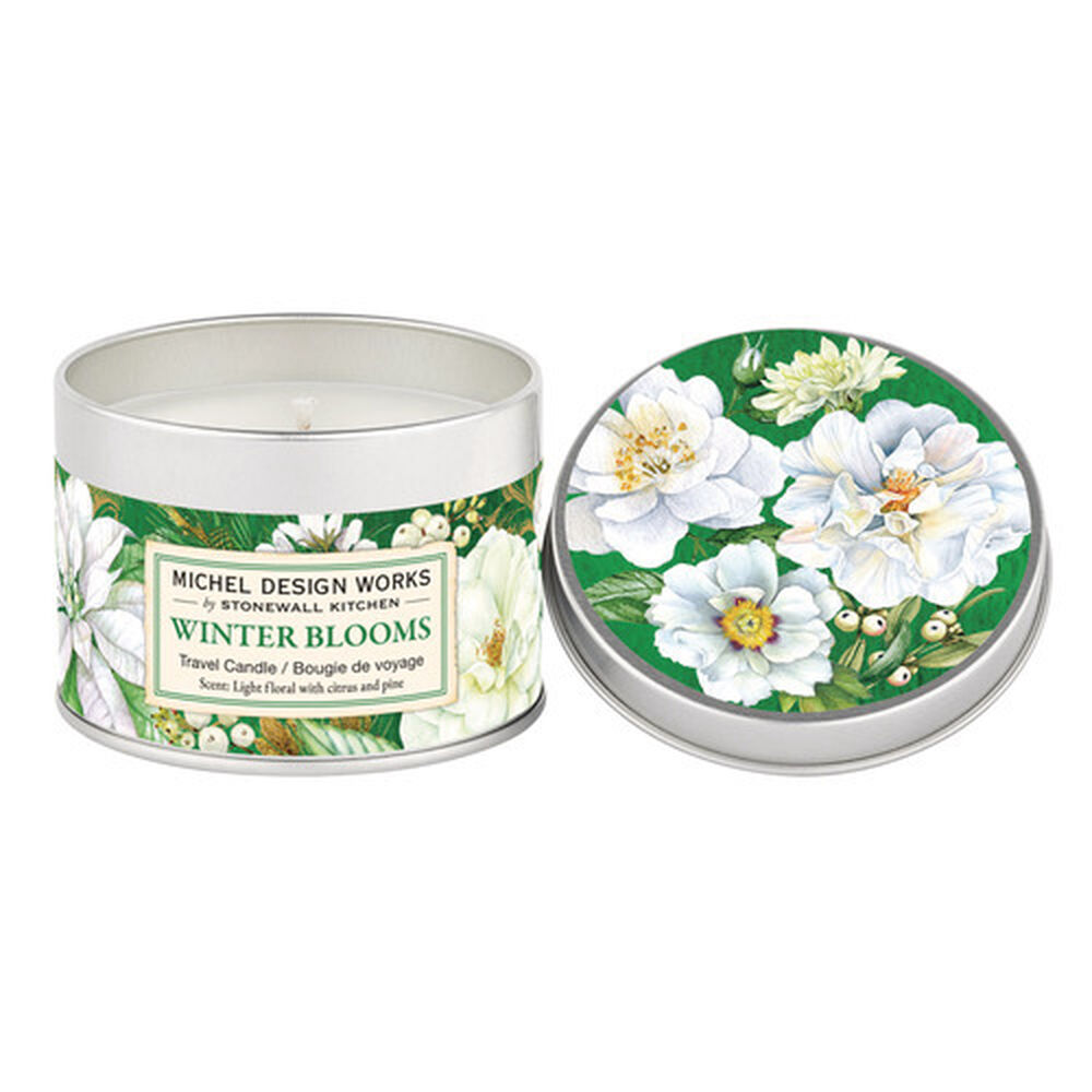 travel tin candle label image is green white pine holiday floral