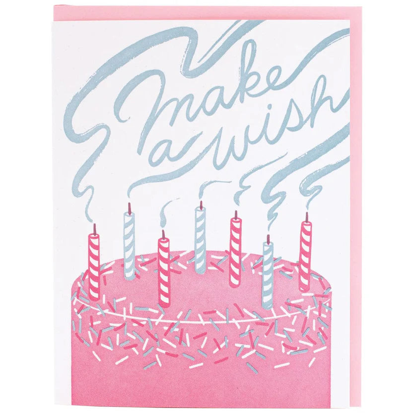 Greeting card with a birthday cake illustration and 'Make a wish' text.