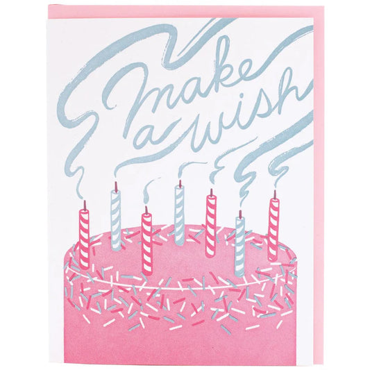 Greeting card with a birthday cake illustration and 'Make a wish' text.