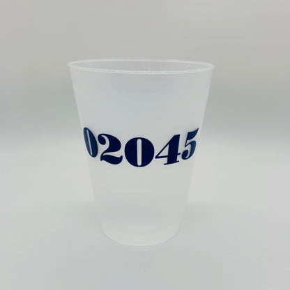 A clear plastic disposable cup with navy blue text '02045' printed on it.
