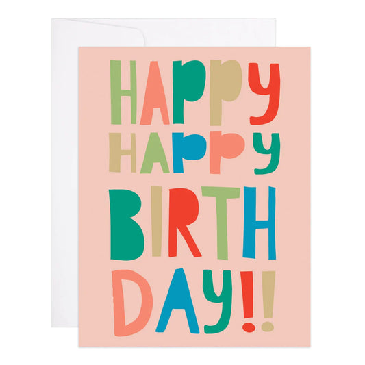 pastel pink card with happy happy birthday in colorful letters