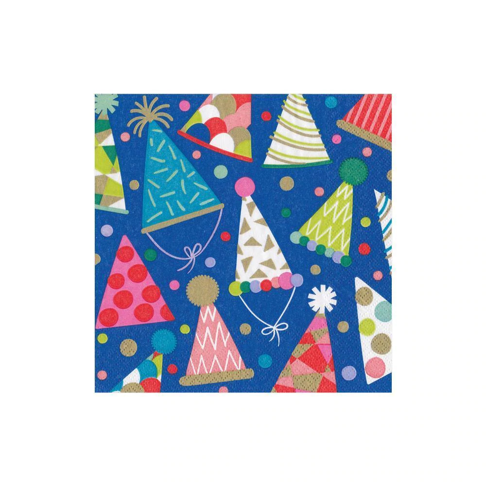 blue cocktail napkin with colorful party hats 