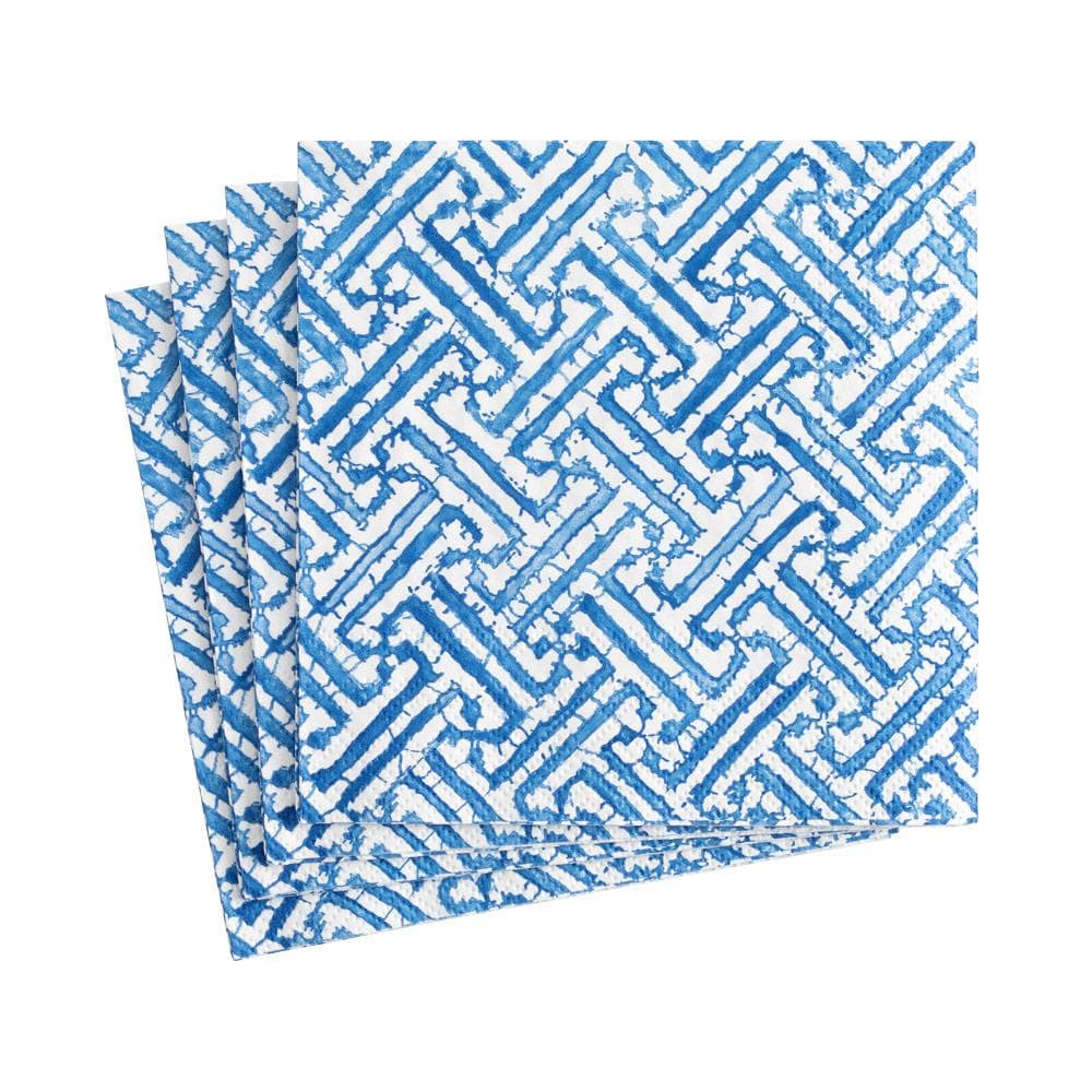 White cocktail napkin with blue geometric chinoiserie style
