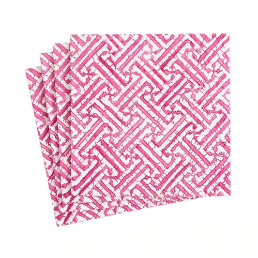 white cocktail napkin with hot pink geometric chinoiseries design
