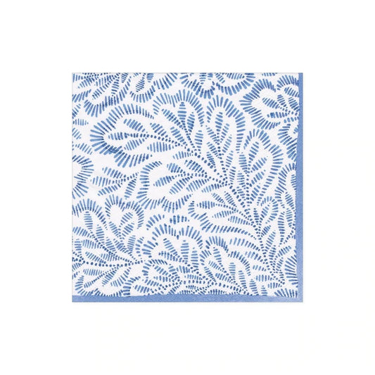 White Cocktail Napkin with fern style leaves in blue