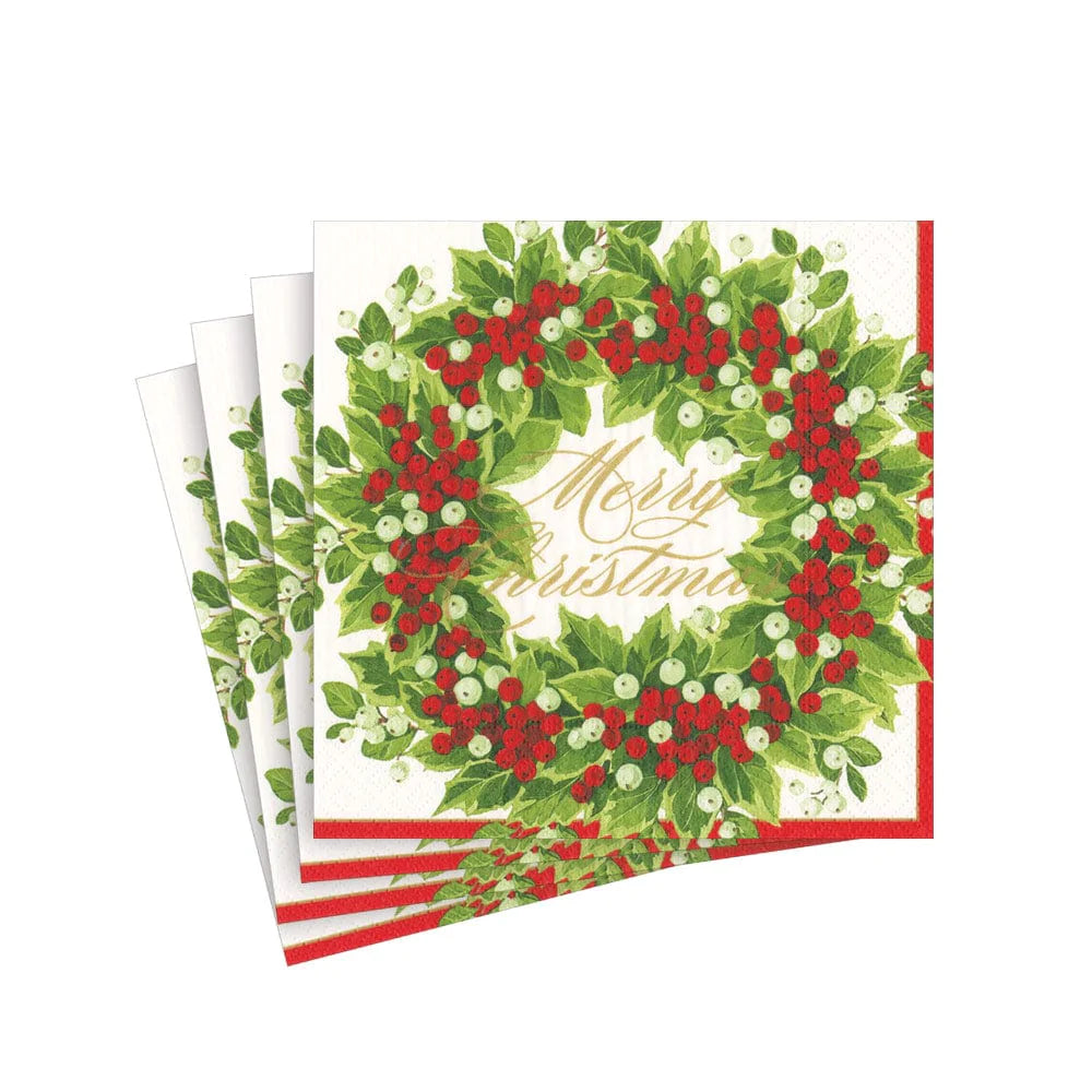 Cocktail napkin with berry wreath and merry christmas in script