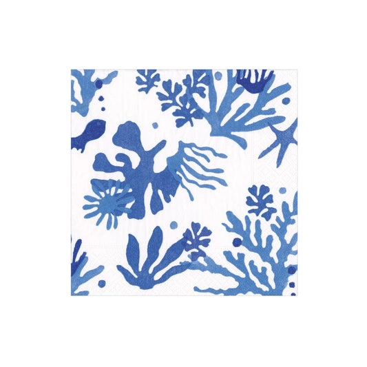 White Cocktail Napkin with image of Blue Coral