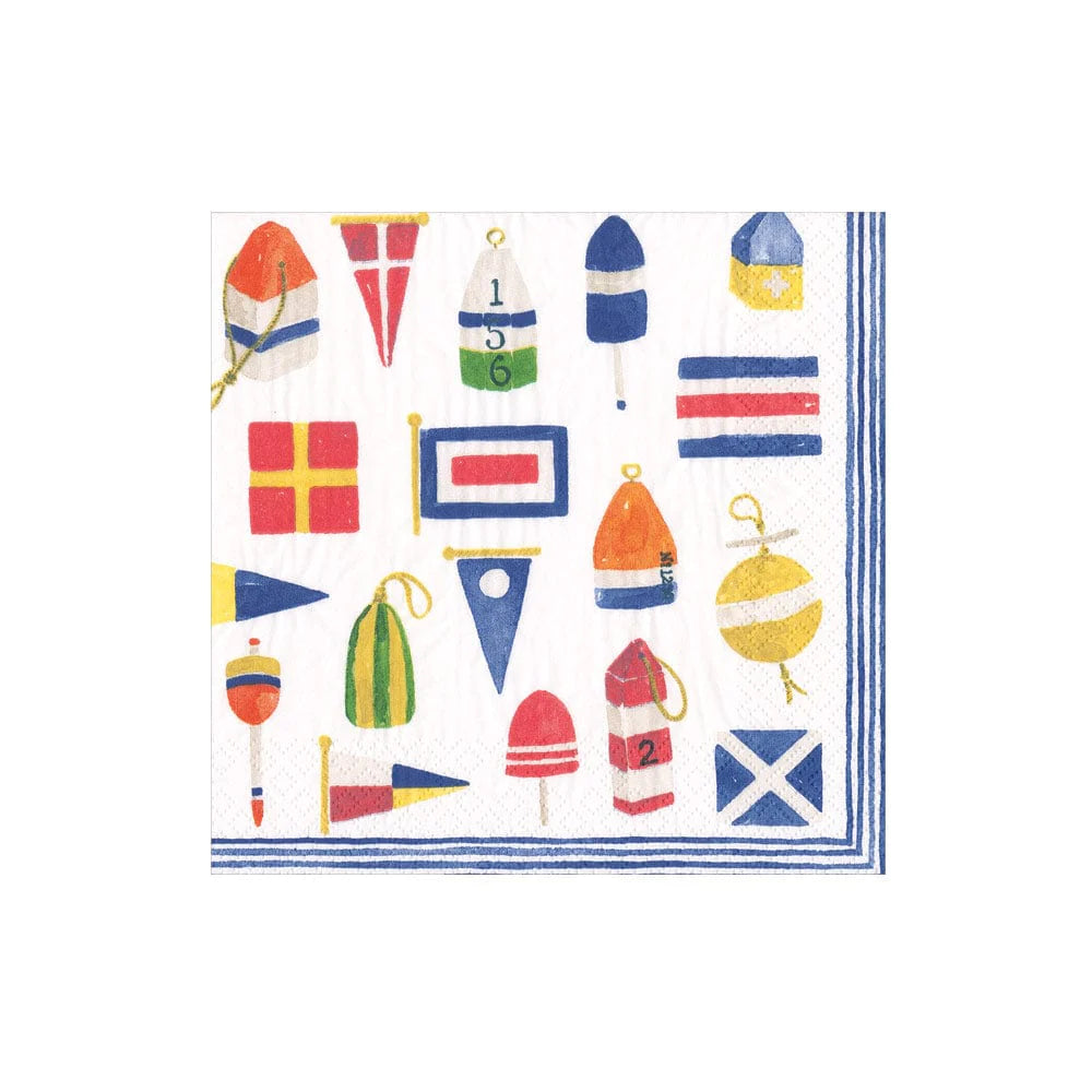 White Cocktail Napkin with nautical images of flags, buoys in bold colors