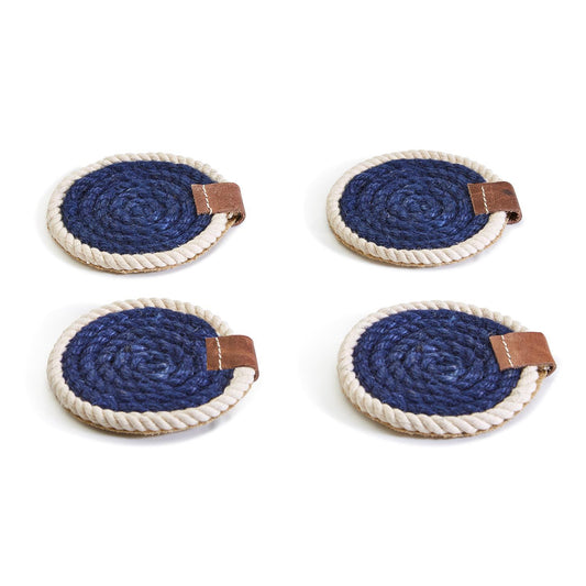set of 4 nautical rope coasters in navy and white with leather tab on side 