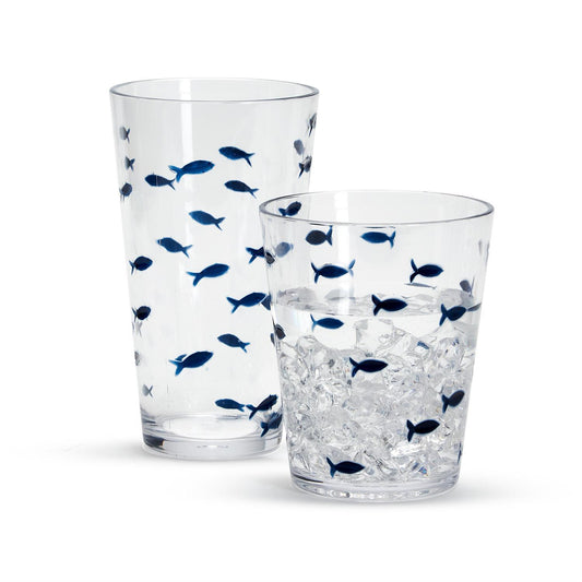 clear acrylic rocks and tumbler glass with navy blue fish 