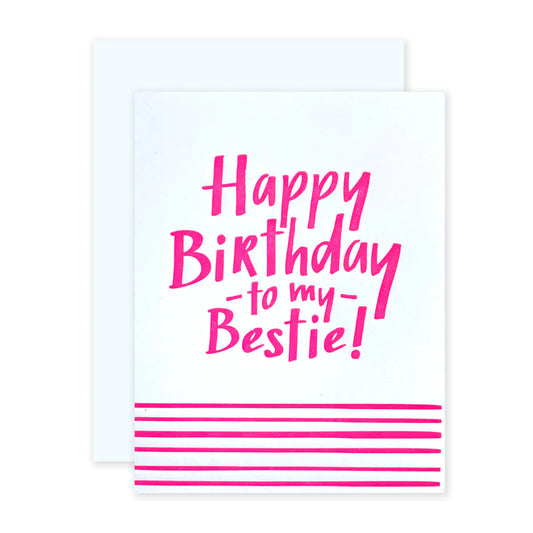 White birthday card with pink lines on the bottom and pink words in the middle