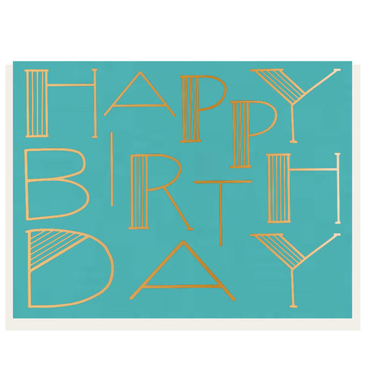 Teal birthday card with gold writing that says "Happy birthday".