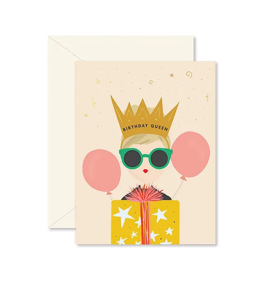 White birthday card with a girl in the middle that has birthday decor on her and is wearing sunglasses