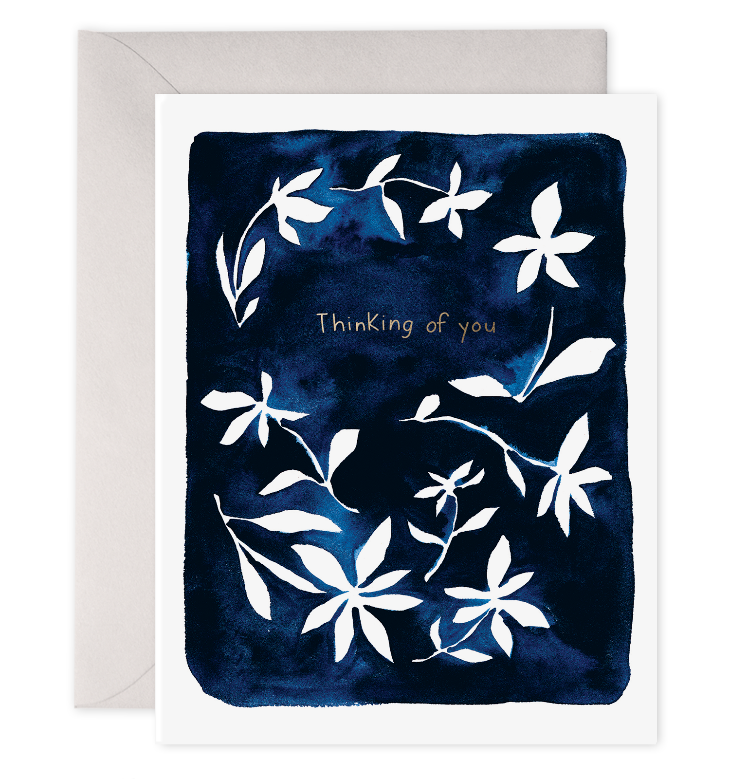 Indigo Blue Greeting Card with white flowers.  Thinking of You in Gold Foil