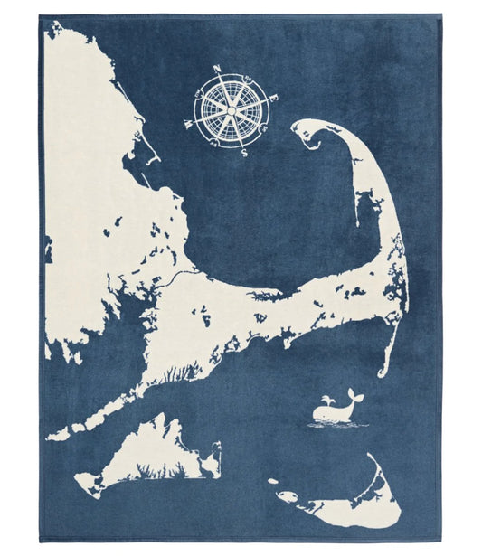 Blue and ivory blanket with map of cape cod