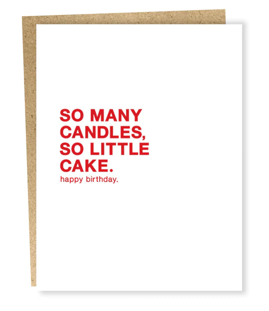 Card  red text so m any candles so little cake