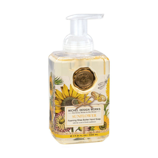 sunflower foaming soap with clear plastic pump label has image of various size sunflowers