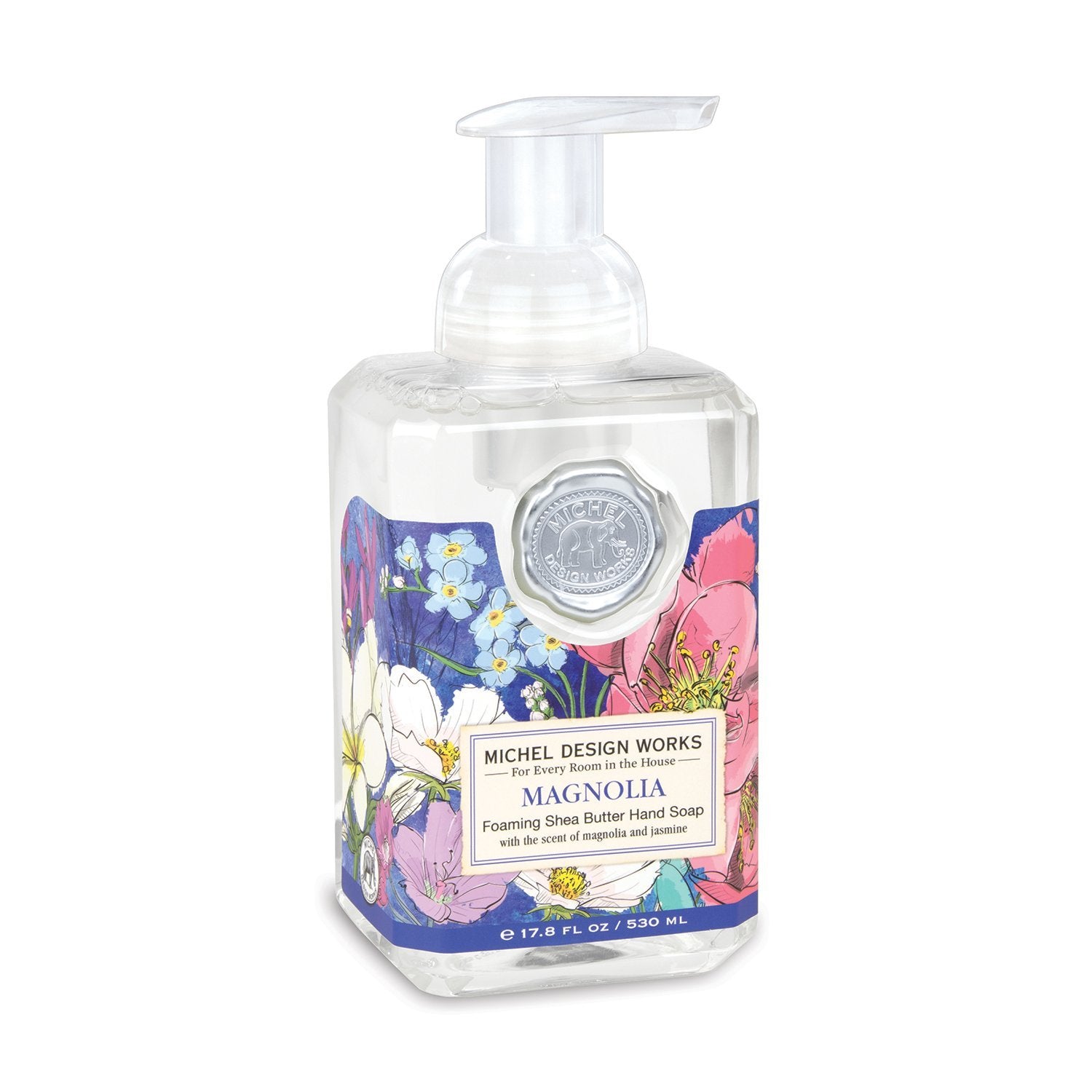 magnolia foaming soap rectangle bottle with clear plastic pump lid. label has a floral design with blue, white, pink poppies
