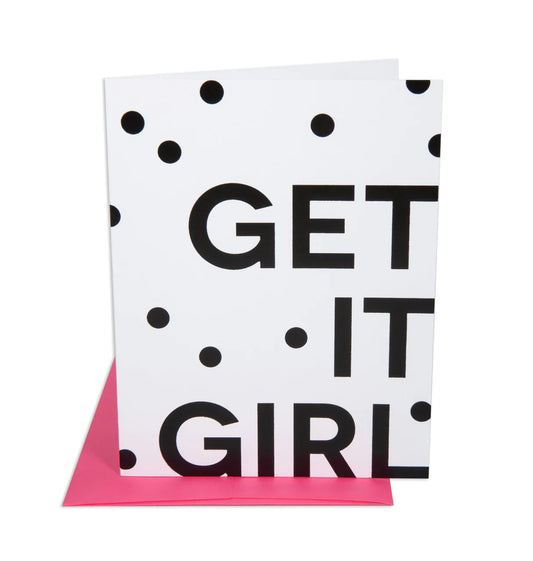 White card with black dots and black words on the corner in a big font