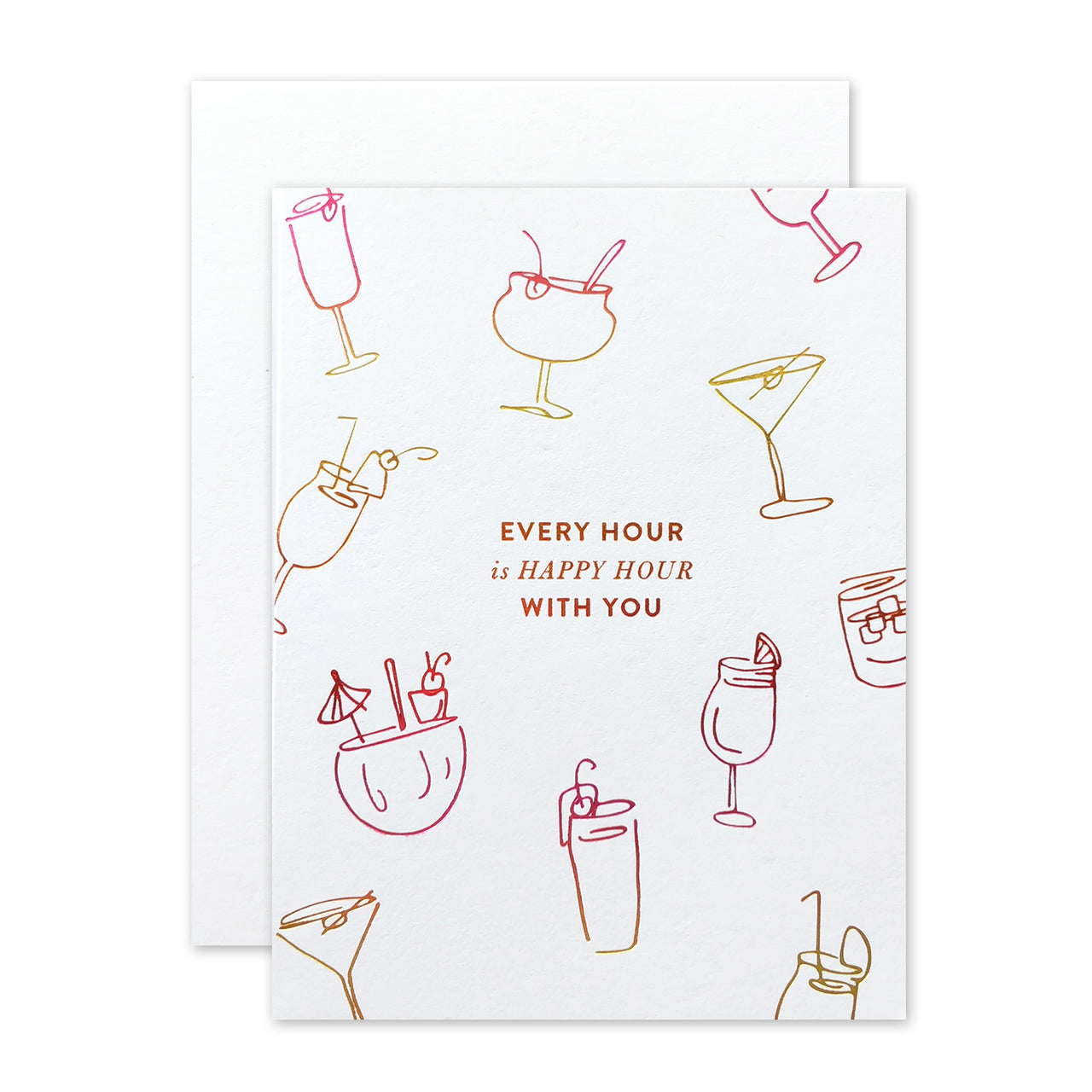 White card with colorful cocktails all over it and words in the middle