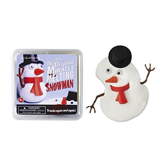 Melting Snowman container with image on top.  The actual snow man melting 