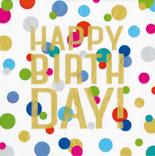 White Napkin with colorful polka dots Happy Birthday in gold