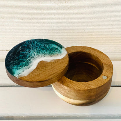 Round wooden salt box with resin ocean design
