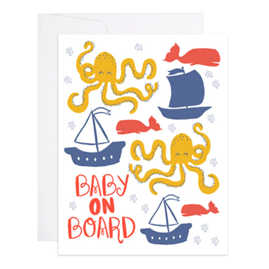 white card with red, navy, yellow sea animals and boats.  says baby on board