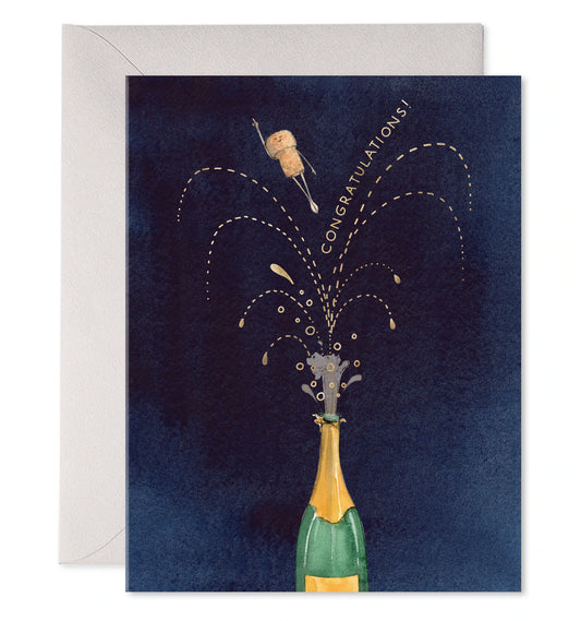 Single card with blue background.  bottle of champagne with flying cork