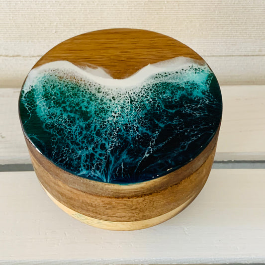 Round wooden salt box with resin ocean design
