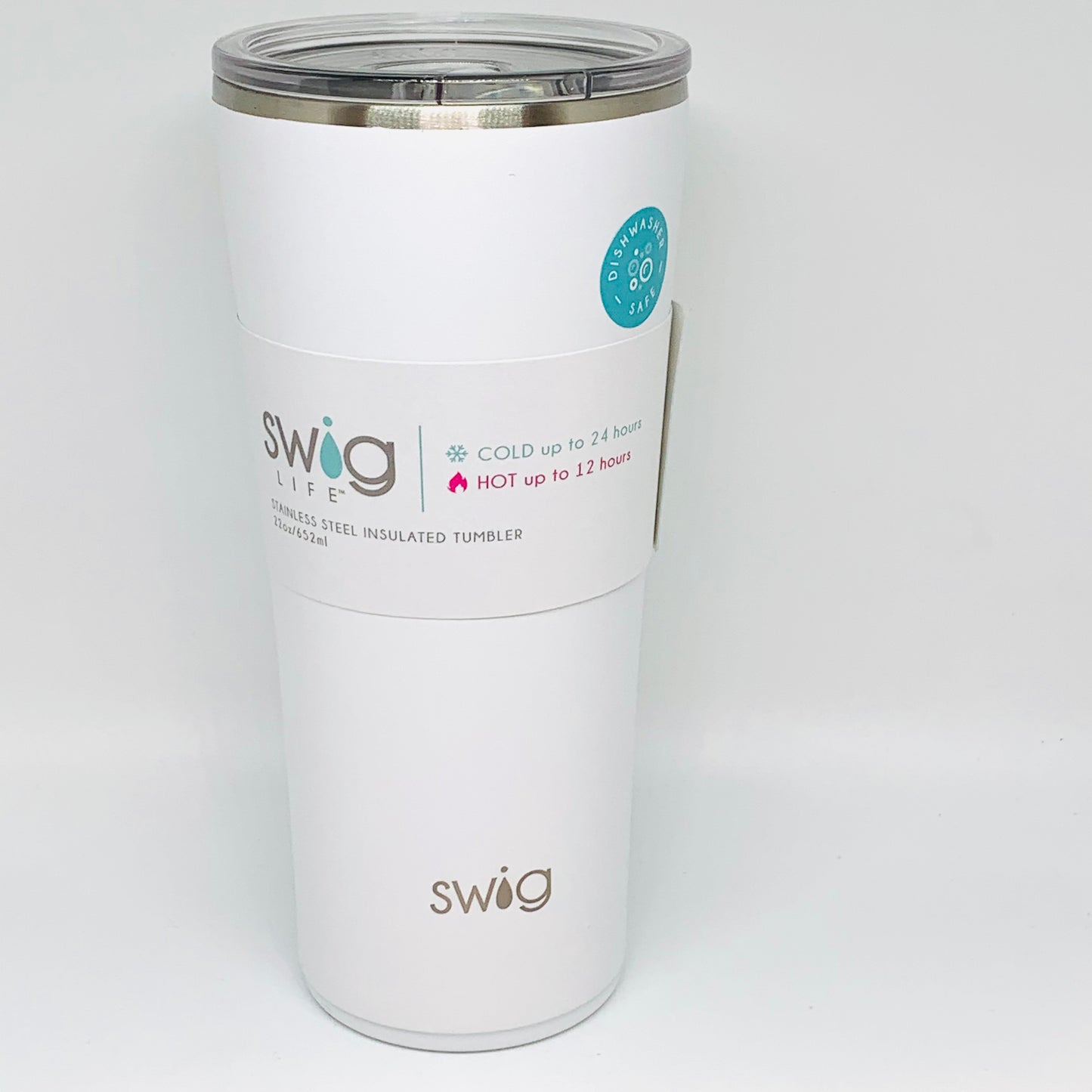 White swing tumbler with silver touches 
