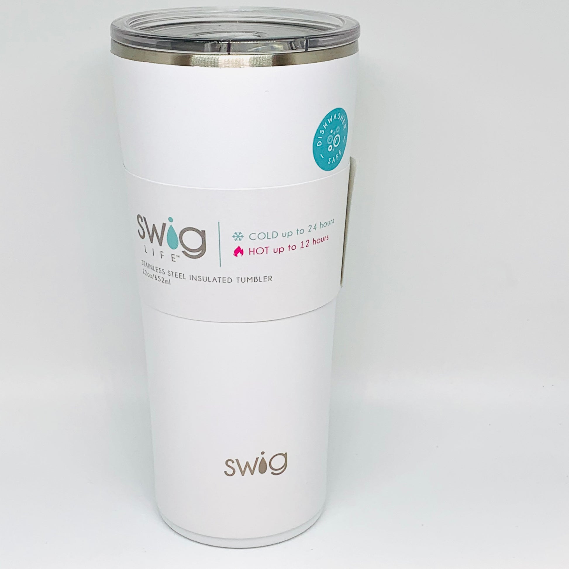 White swing tumbler with silver touches 