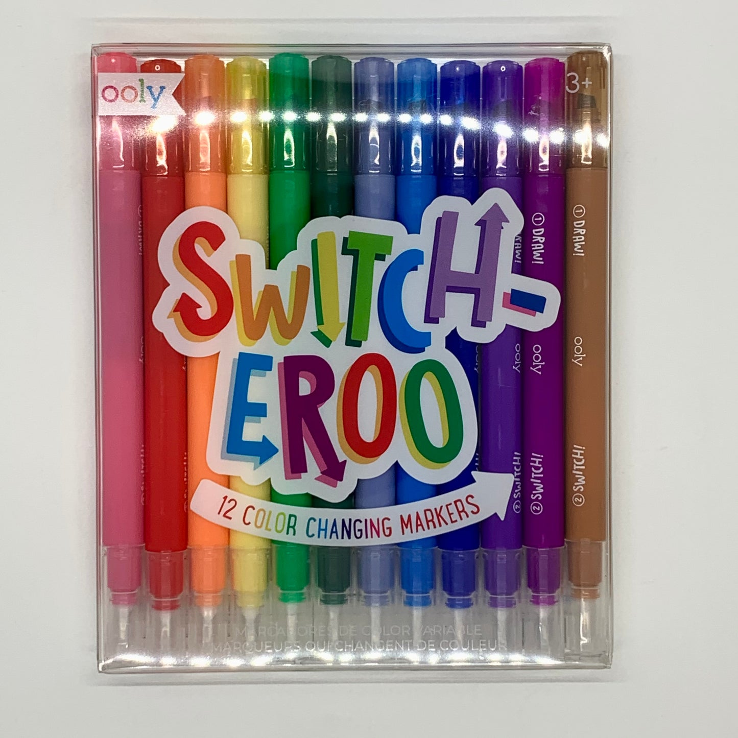 A set of Switch-eroo color changing markers in a variety of colors, displayed in a clear packaging with the product name visible.