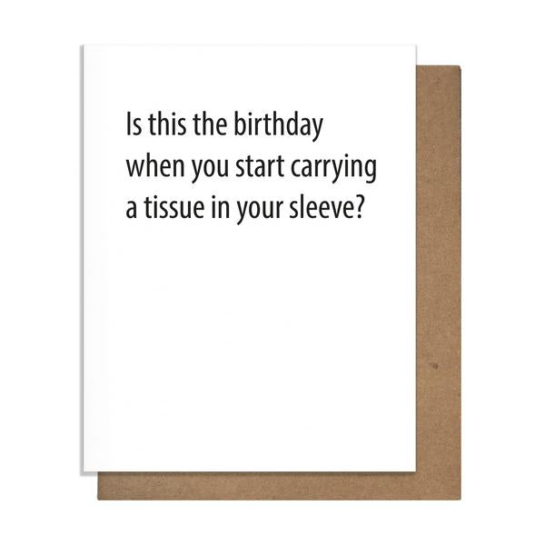 White birthday card with black words at the top