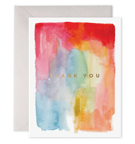 Thank you note card with multi - color water color front.  Thank you in gold foil at the center