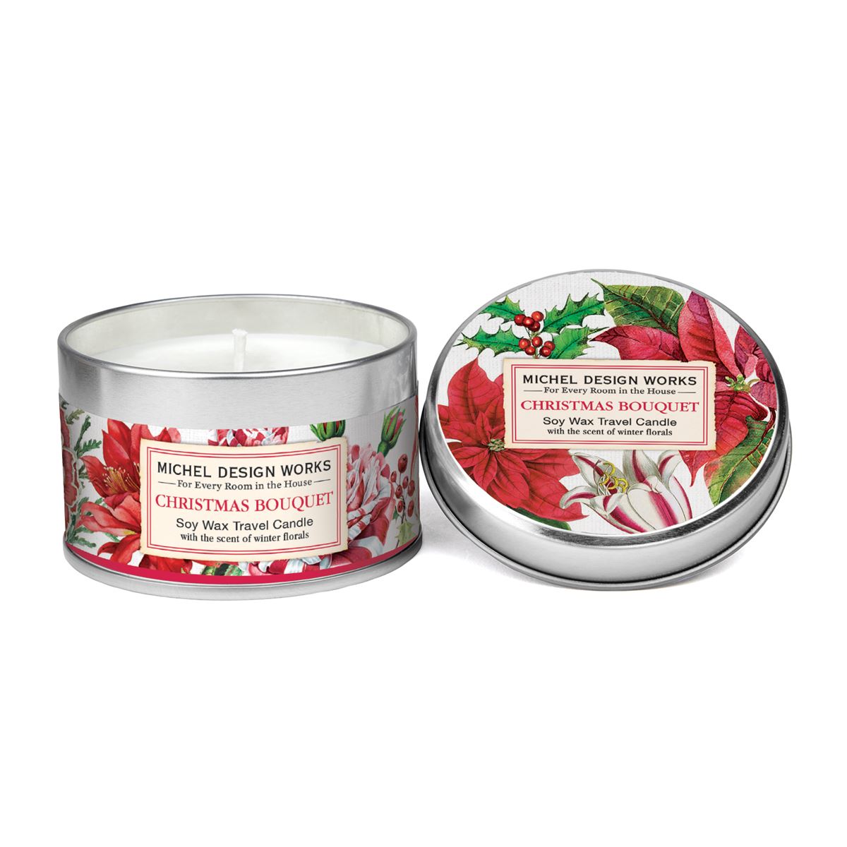 christmas bouquet travel candle- small tin candle with lid.  label is image of red green holiday florals