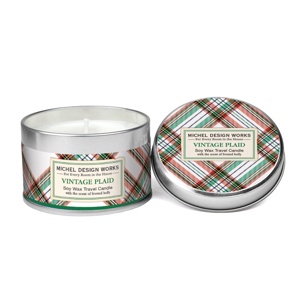 vintage plaid travel candle in tin with label of white red green plaid