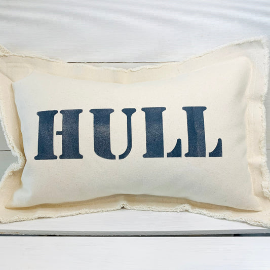 lumbar pillow natural color with navy stencil - HULL across center