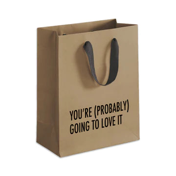 Brown gift bag with black touches and words on the bottom left corner