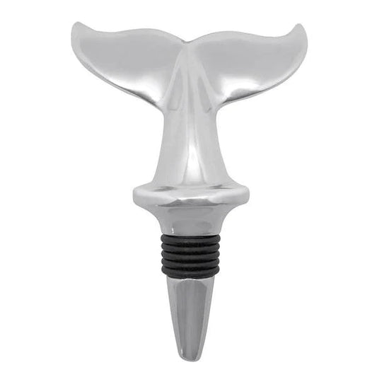 Silver bottle stopper that has a whale tail connected to the top